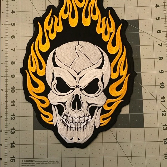 Medium Yellow Flame Skull Back Patch Biker Iron or Sew on Patch - Picture 3 of 4